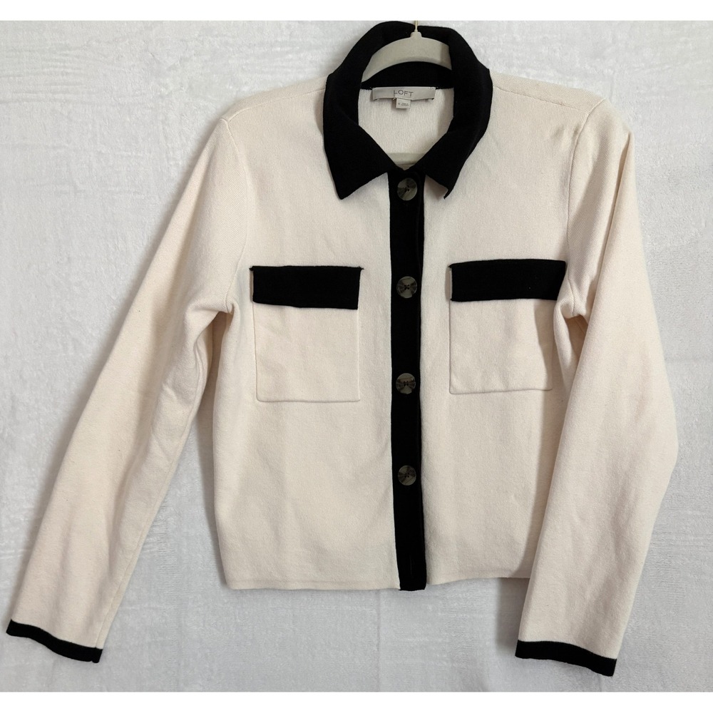 LOFT Women's Cream Black Colorblock Collared Button Up Cardigan Sweater Medium
